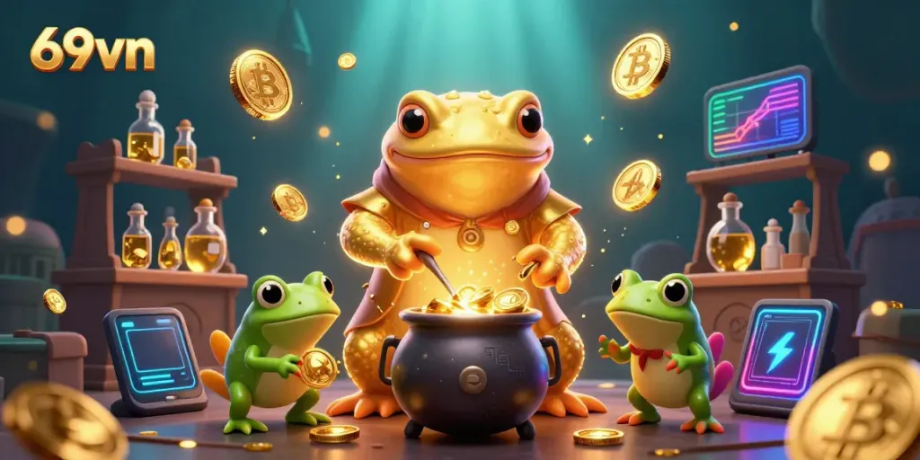 Experience fun with 69vn's enchanting games among golden treasures and crypto symbols.