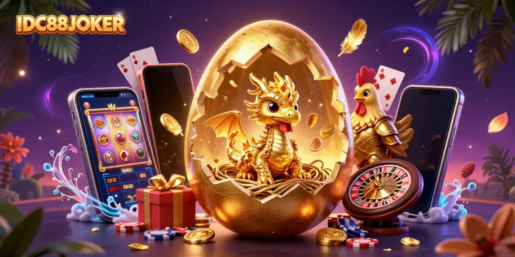 Experience thrilling play at IDC88JOKER with a golden dragon and exciting casino elements.