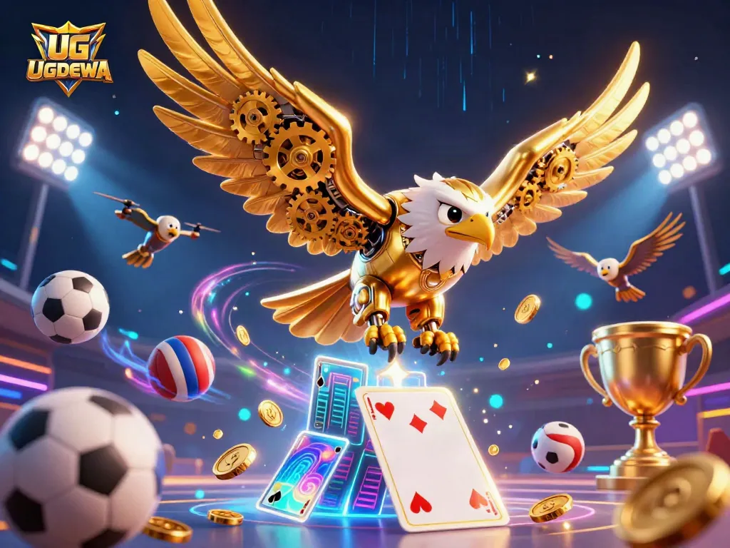 Experience UGDEWA with a cybernetic golden eagle soaring through dynamic sports elements and betting excitement.