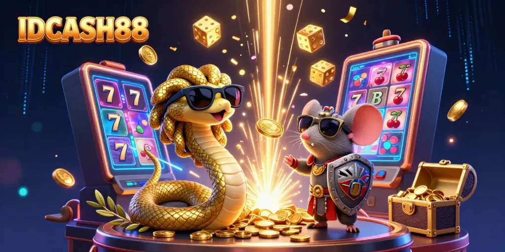 Experience IDCASH88 with a vibrant scene of a friendly Medusa and a warrior mouse among slot machines and casino symbols.