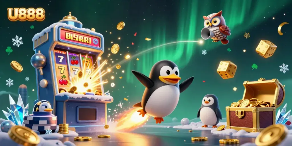 U888 gaming action with a golden penguin and slot jackpots lighting up the cosmic scene.