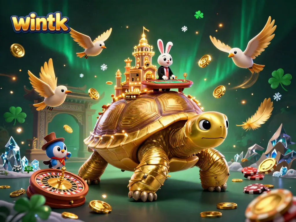 Experience the vibrant excitement of wintk with a golden tortoise casino and colorful dealer scene.