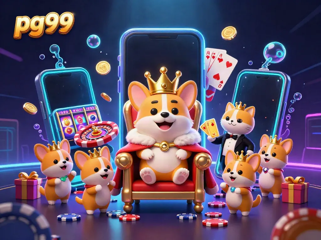 Experience the excitement of pg99 gaming with a royal corgi on a throne of poker chips amidst vibrant casino action.
