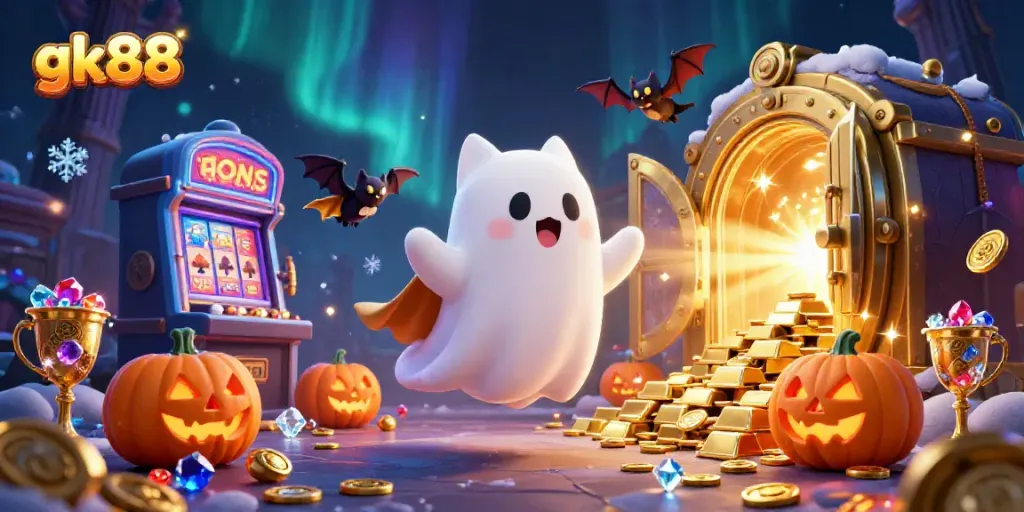 Experience thrilling moments at gk88 as cartoon characters float among casino treasures and glowing jack-o-lanterns.