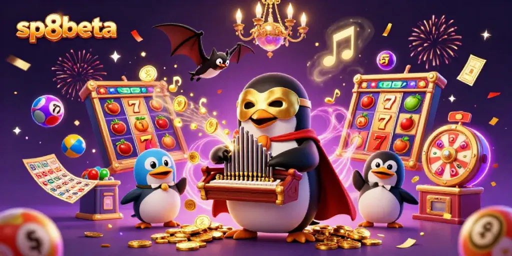 Experience sp8beta with a captivating 3D scene featuring casino elements and a penguin playing an organ showering coins.