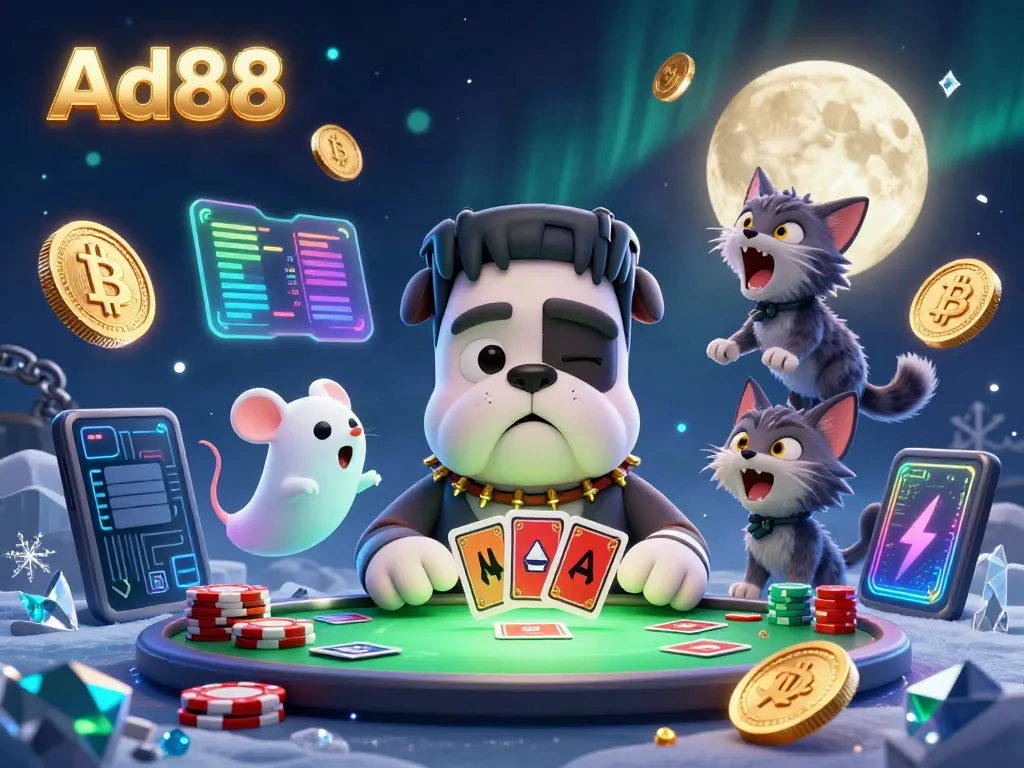 Ad88 showcases a vibrant casino scene featuring a Frankenstein bulldog dealing cards with glowing crypto coins surrounding it.