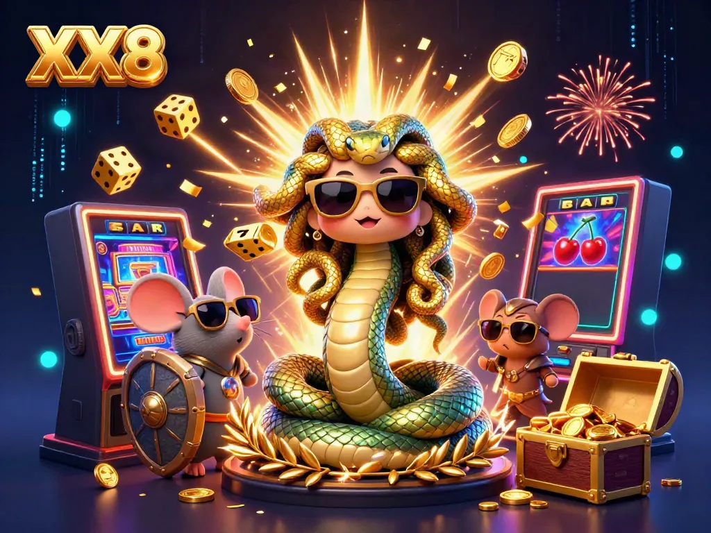 Experience the excitement of XX8 with a lively casino scene showcasing thematic characters and vibrant game elements.