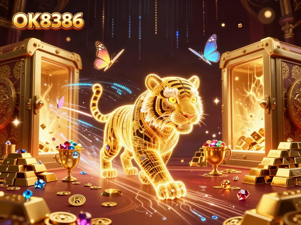 Experience the dynamic energy of OK8386 in this vibrant 3D casino illustration showcasing a golden tiger and treasures.