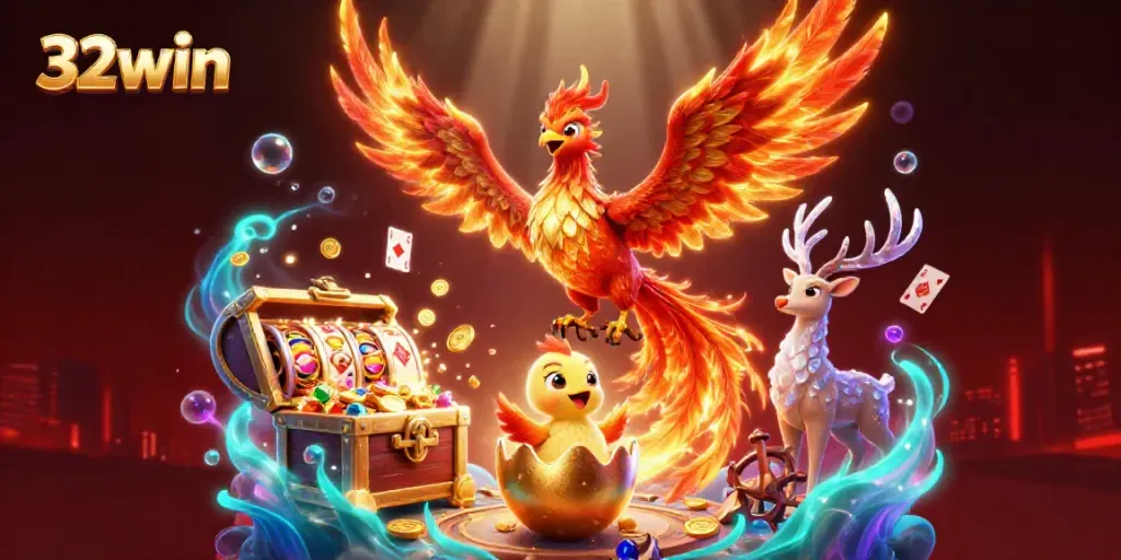 Experience the thrill of 32win with a vibrant 3D casino scene featuring a phoenix and dynamic game elements.
