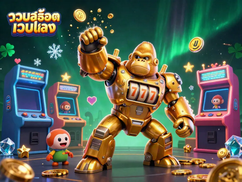 Engage with包含สล็อตเว็บตรง, illustrated as a lively 3D casino scene featuring a golden gorilla mech and arcade games.