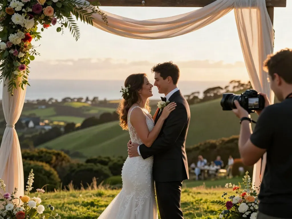 Dunedin wedding photographer capturing an intimate moment between a couple during sunset.