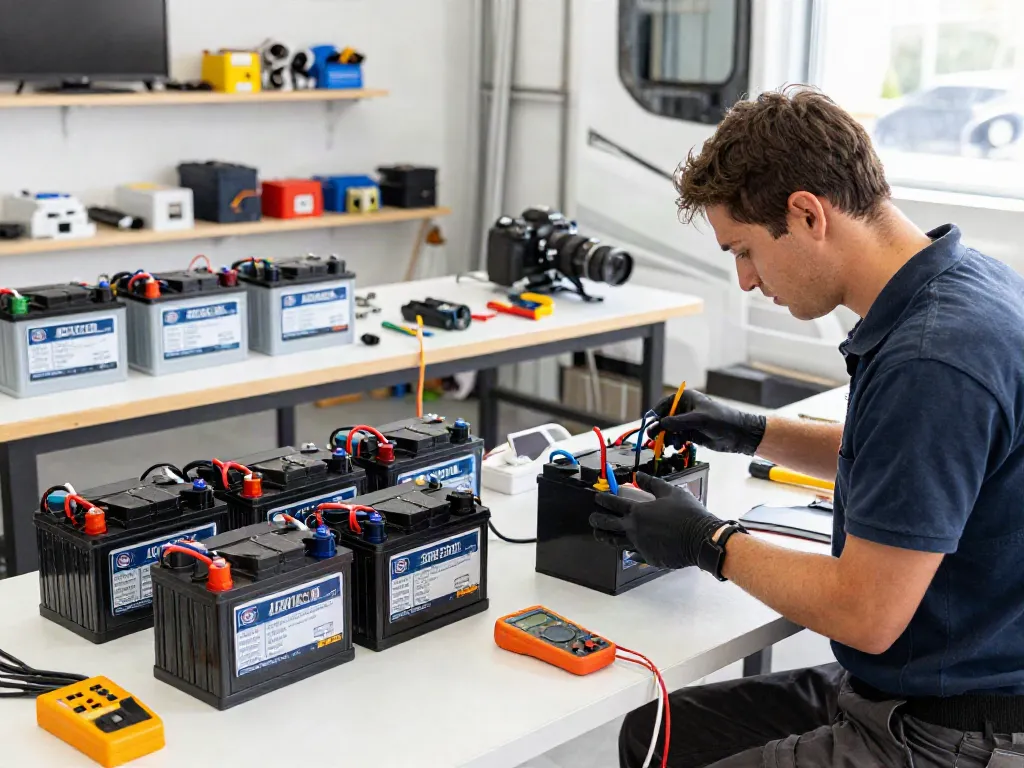 Technician installing 12V batteries in RV showcasing advanced lithium technology