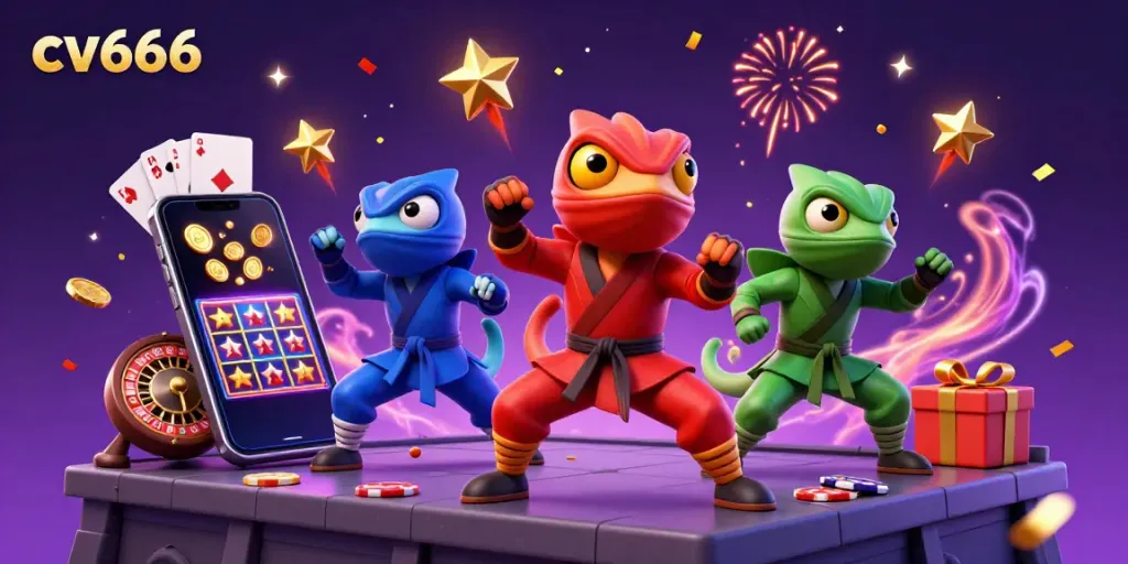Engage with cv666, showcasing ninja chameleons and dynamic casino elements for an exciting gaming vibe.