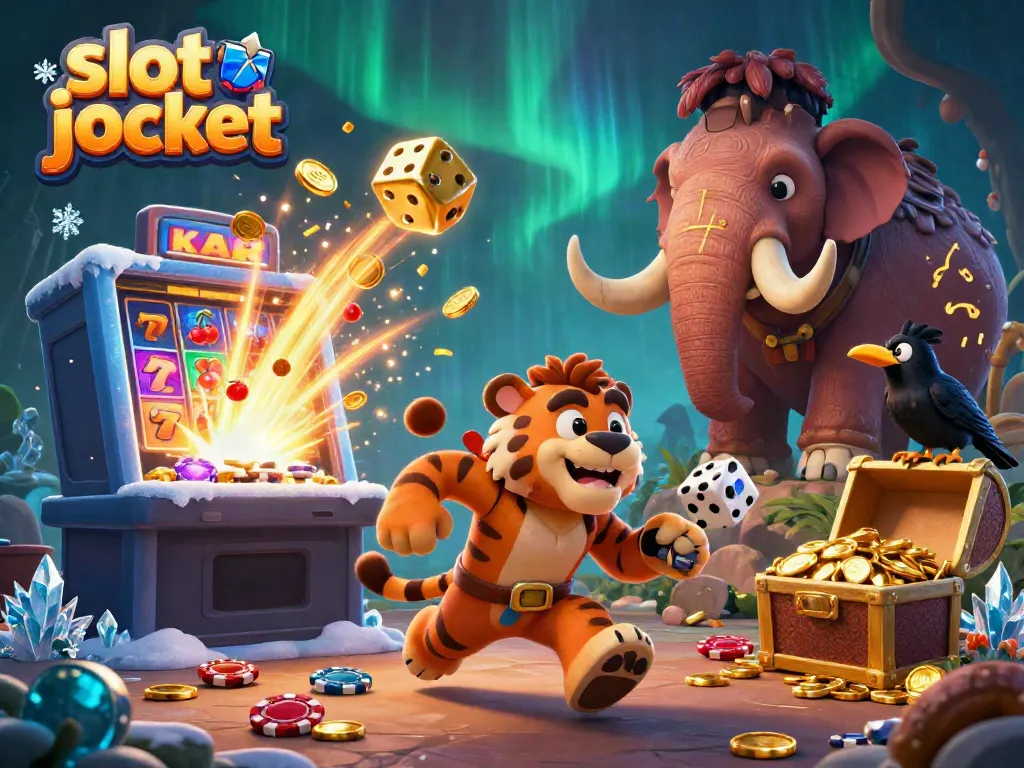 Experience thrilling action in slot jackpot with vivid cartoon caveman, sabertooth tiger, and a clever crow.