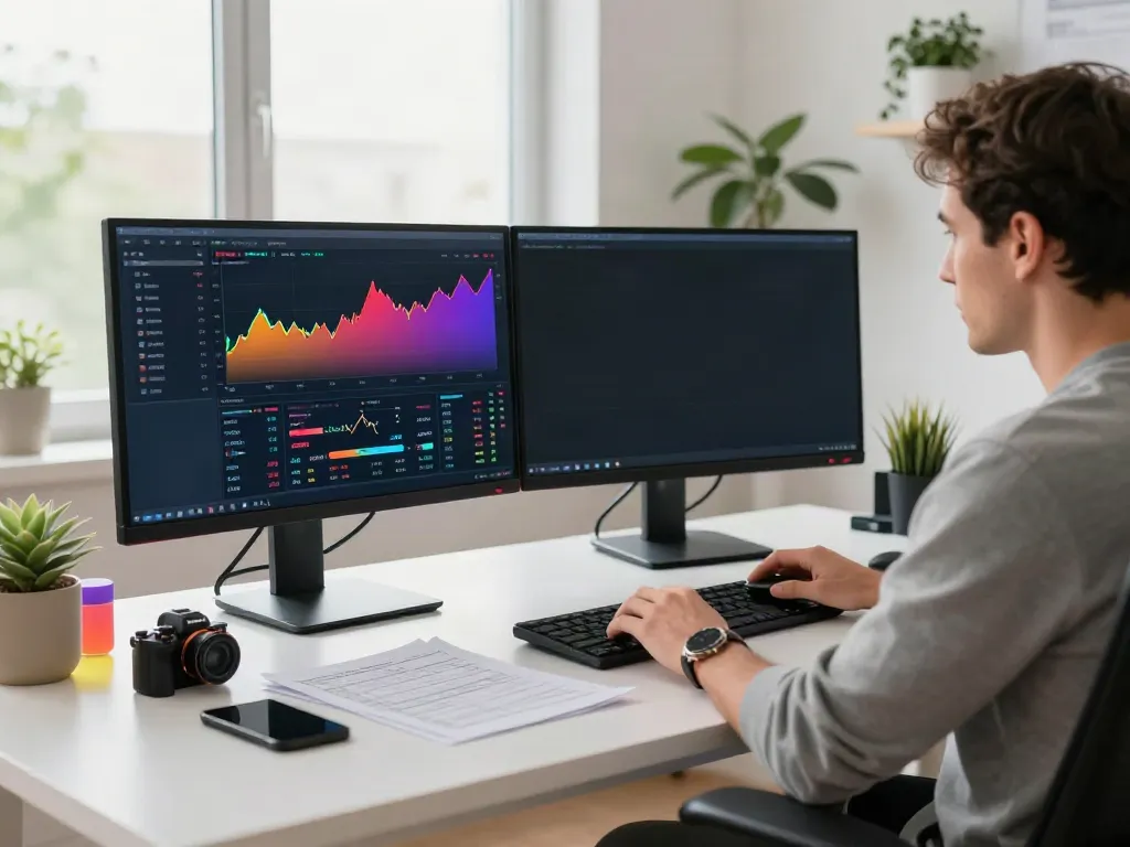 Traders using TradingView in a modern home office for market analysis.