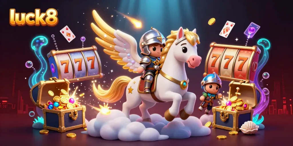 Experience thrilling gaming adventures with luck8 as a celestial knight and a magical horse gallop through a vibrant casino world full of rewards.