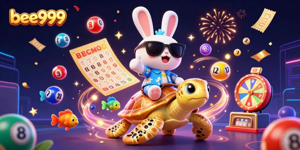 Play exciting games on bee999 with a lucky rabbit and golden turtle in a vibrant casino scene!