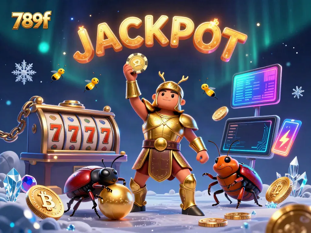 Engage with 789f's thrilling casino experience showcasing a victorious beetle lifting poker chips among dazzling slot elements.