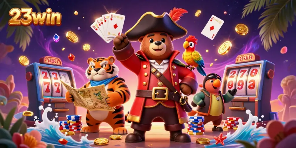 Join the excitement at 23win with a vibrant scene of playful casino elements and characters.