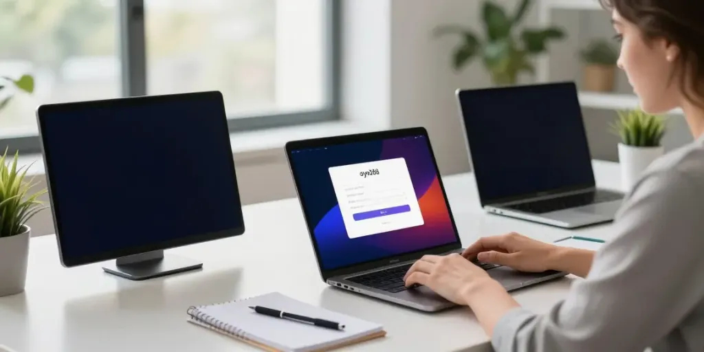 Proses login oyo288 di ruang kerja modern dengan laptop dan monitor.