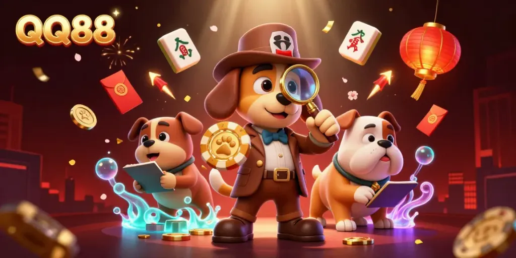 Experience the thrill of QQ88 with a detective and companion uncovering secrets in a vibrant casino setting.