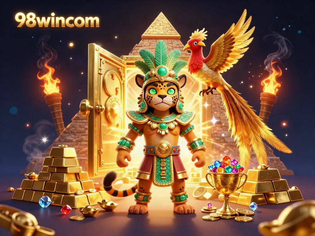 Experience the vibrant energy of 98wincom with a Mayan jaguar priest, treasures, and dynamic casino elements.