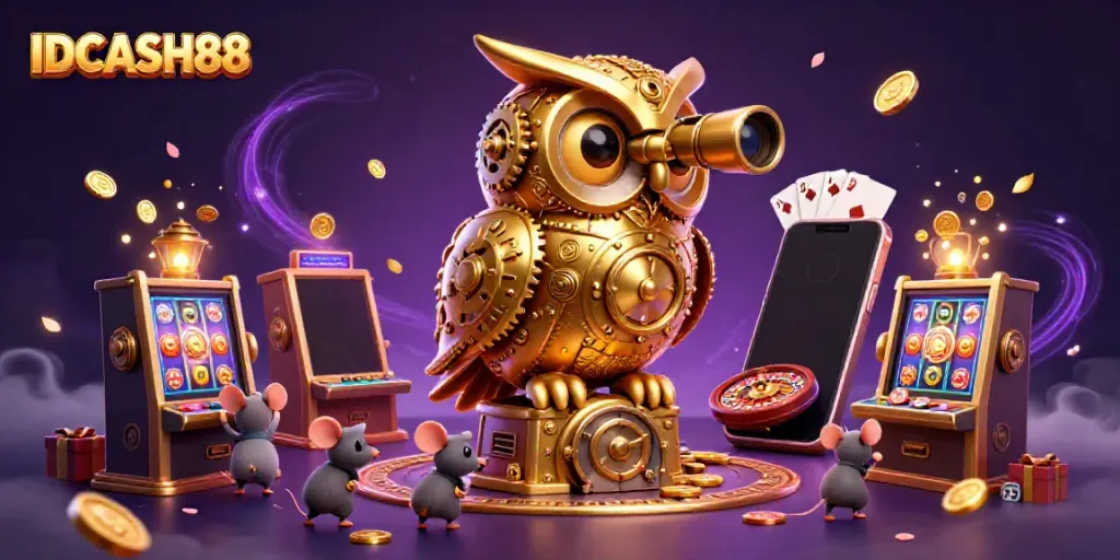 Engage with IDCASH88 as the golden owl overlooks a vibrant casino filled with thrilling gaming elements.