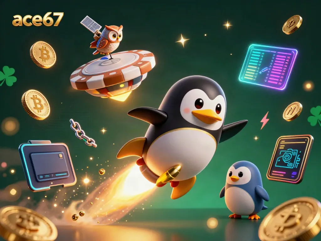 Experience the thrill of ace67 with a golden penguin rocketing to a casino chip space station.