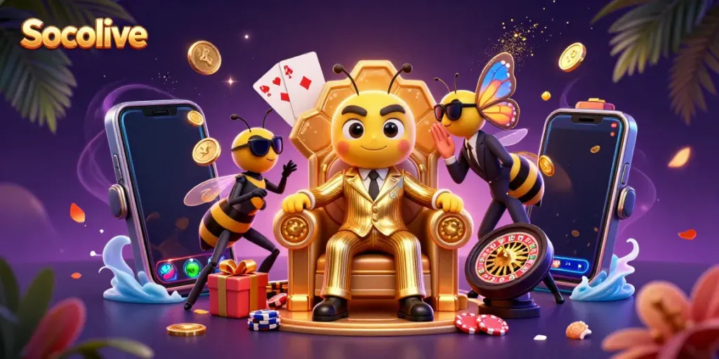 Experience thrilling Socolive action with a cartoon mob boss surrounded by gaming elements in a vibrant 3D scene.