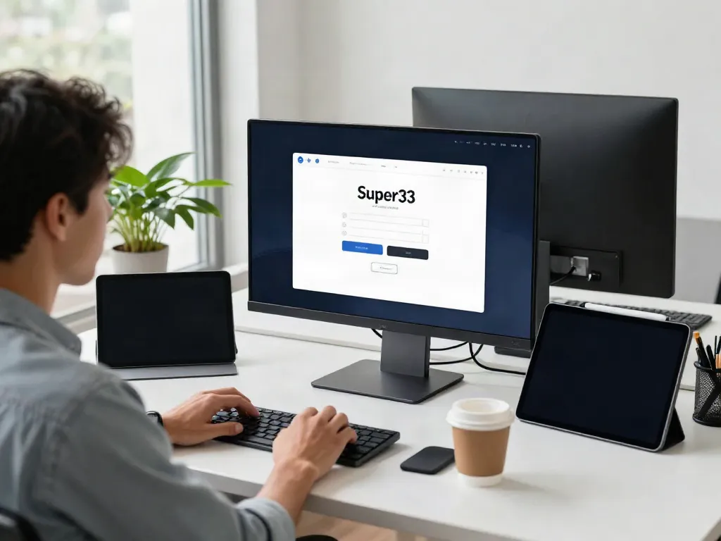 User accessing Super33 login on a modern workspace computer with tech gadgets.