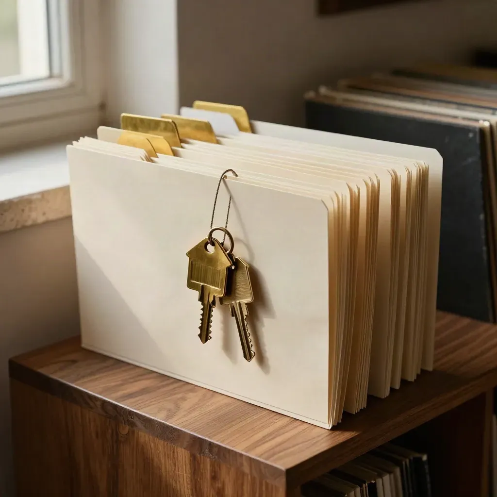 Cream folders, brass divider and house-key tags stacked in a precise title-change still life