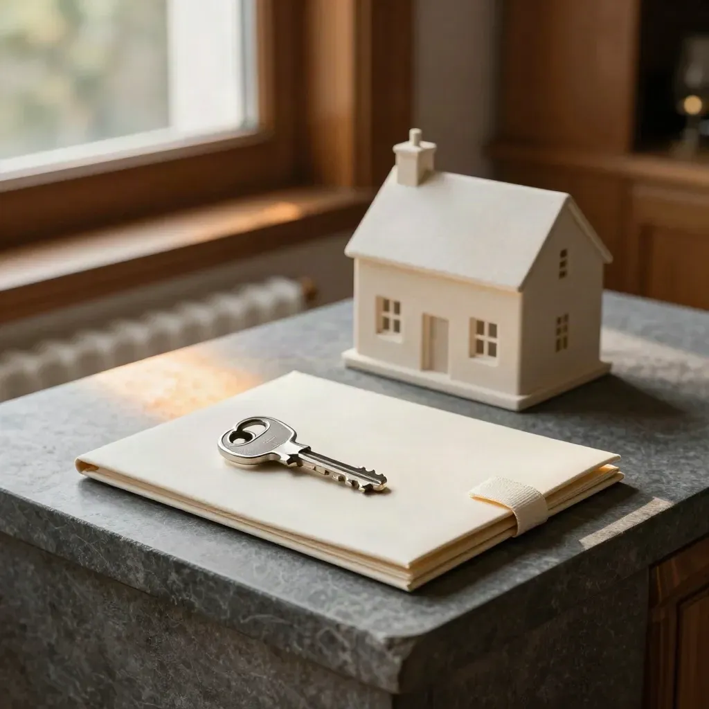 Steel key, ribboned deed folder, and stone house model on a slate console in warm afternoon light.