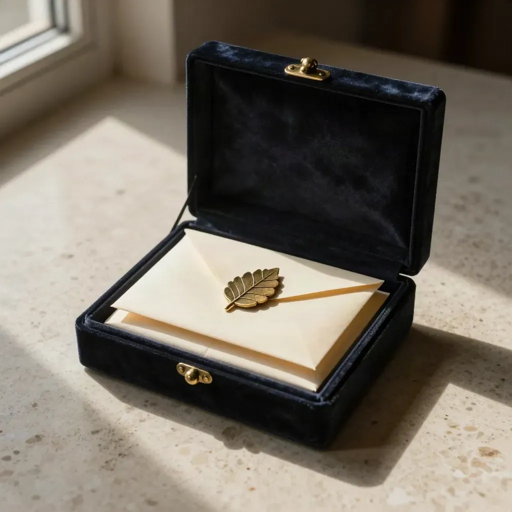 Top-down heirloom deed packet with brass leaf token in velvet-lined box on travertine.