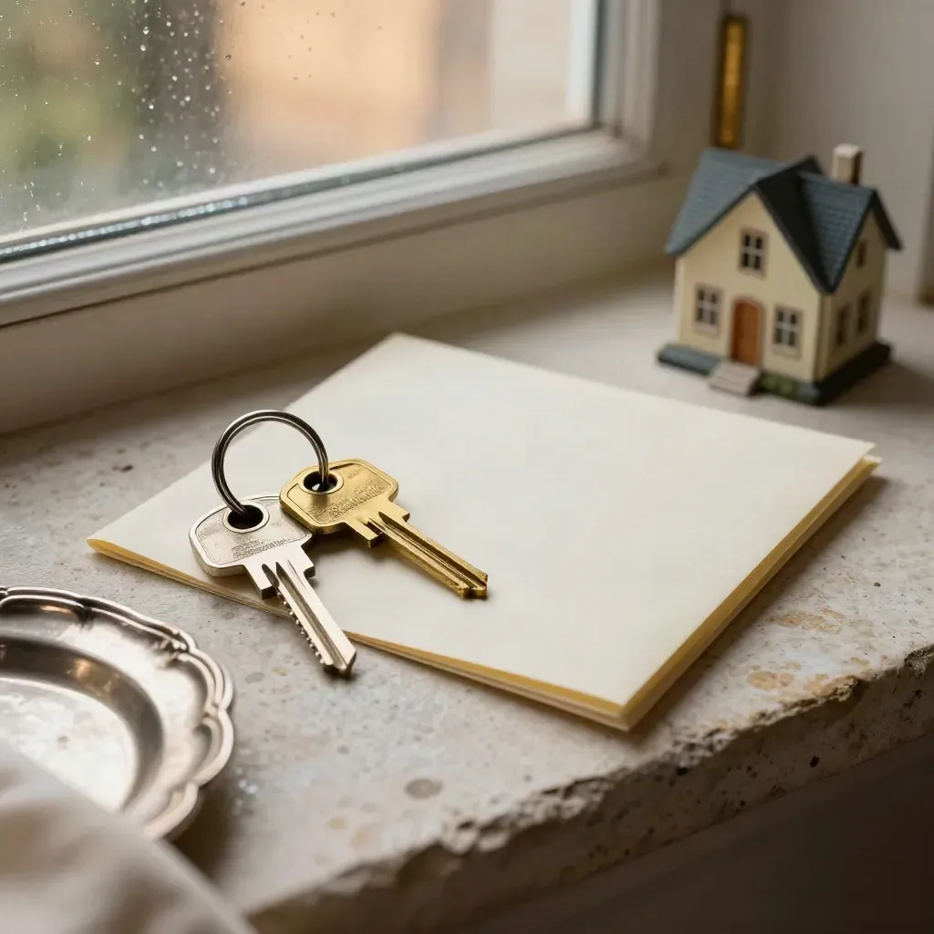 Brass keys, cream deed packet, and small house model on a rain-damp stone sill