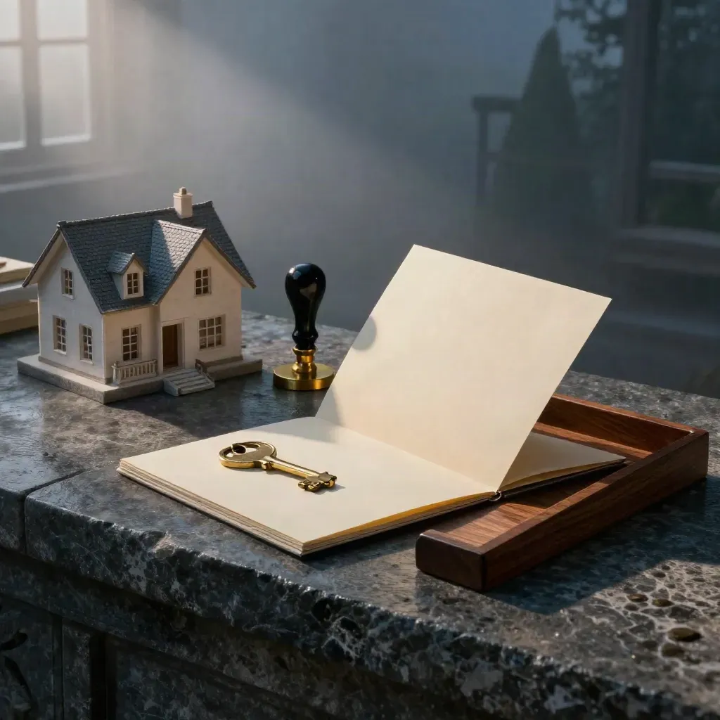 Deed packet, brass key, seal press, file tray, and house model in moody blue-hour light