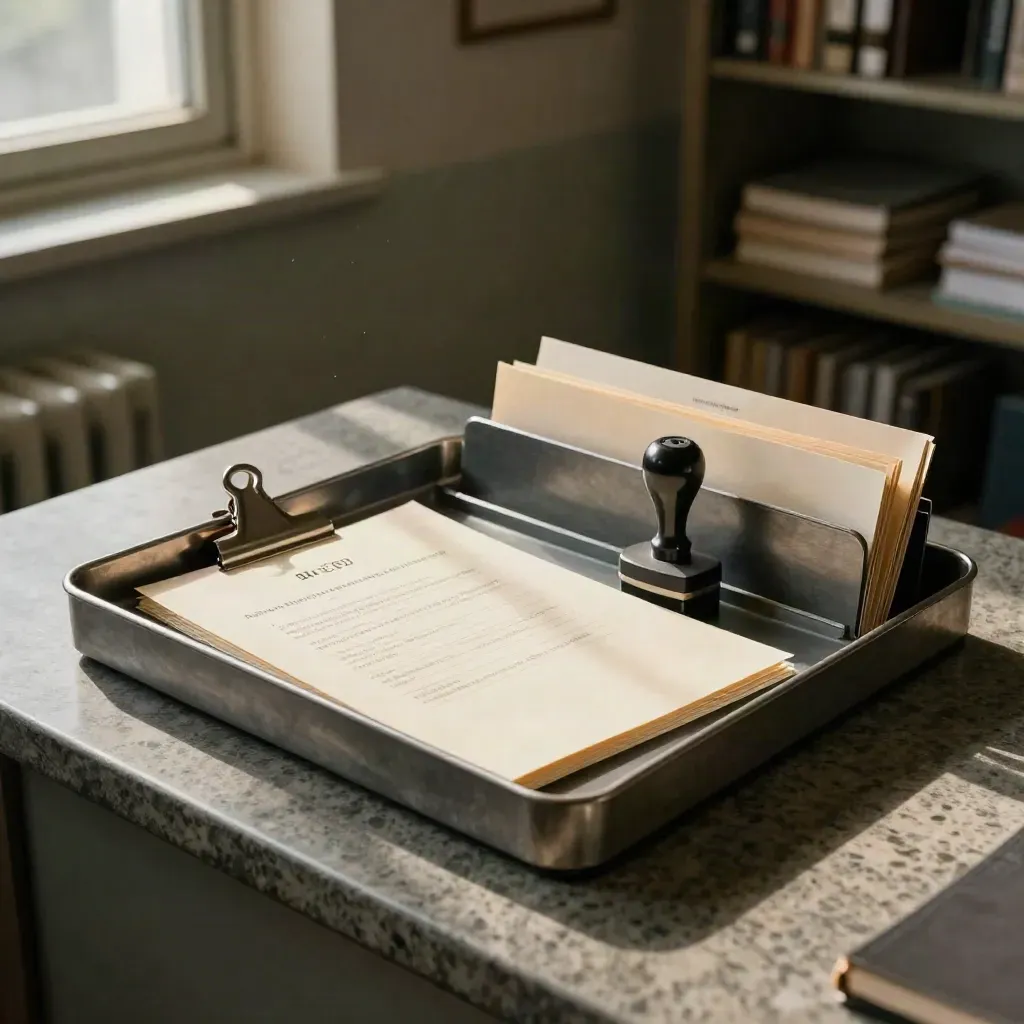 County records tray with clipped packet, date stamp, and index tabs in moody office light.