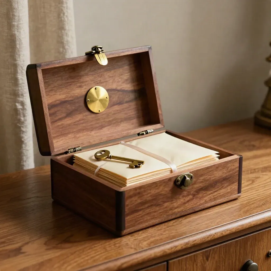 Walnut estate transfer box open with brass seal, key, and cream packet on a sunlit sideboard.