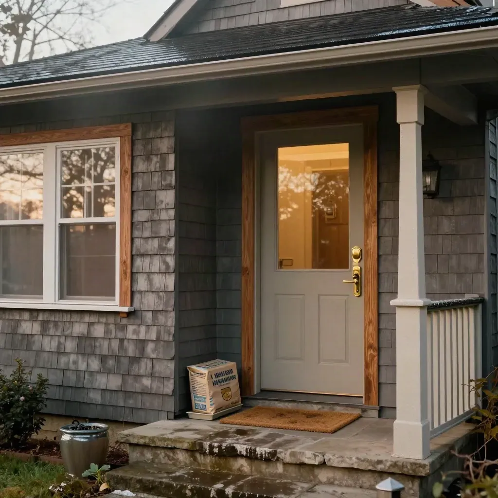 Rainy bungalow entry with brass lockset and sealed county packet on the porch