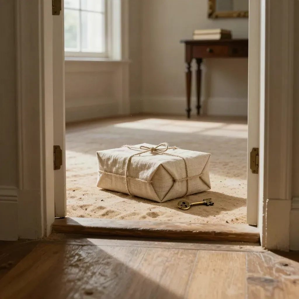 Sealed heirloom box and returned key in a quiet inherited home interior with empty rooms beyond