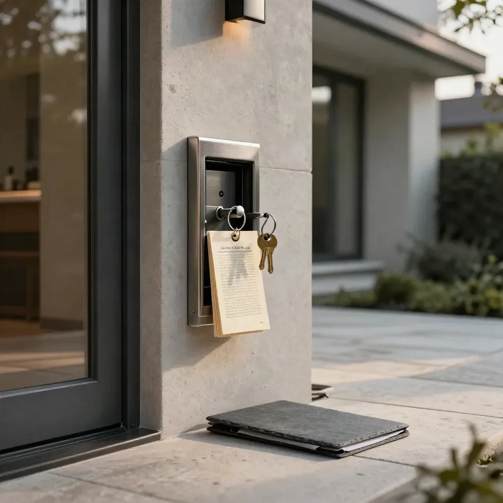 Open lockbox and keys at a townhouse entry with closing papers ready beside the door.