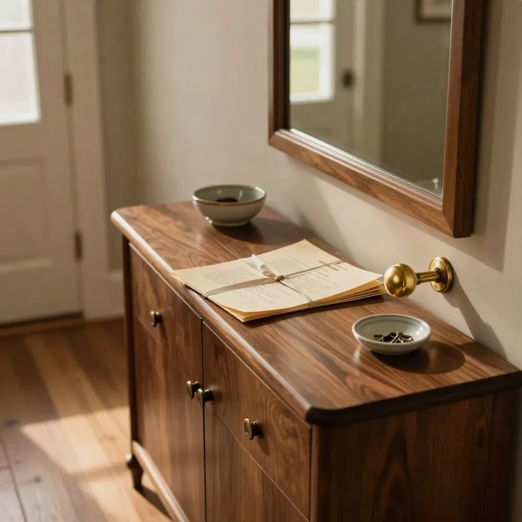 Refinance-ready entry console with brass deadbolt and ribboned deed packet in warm window light