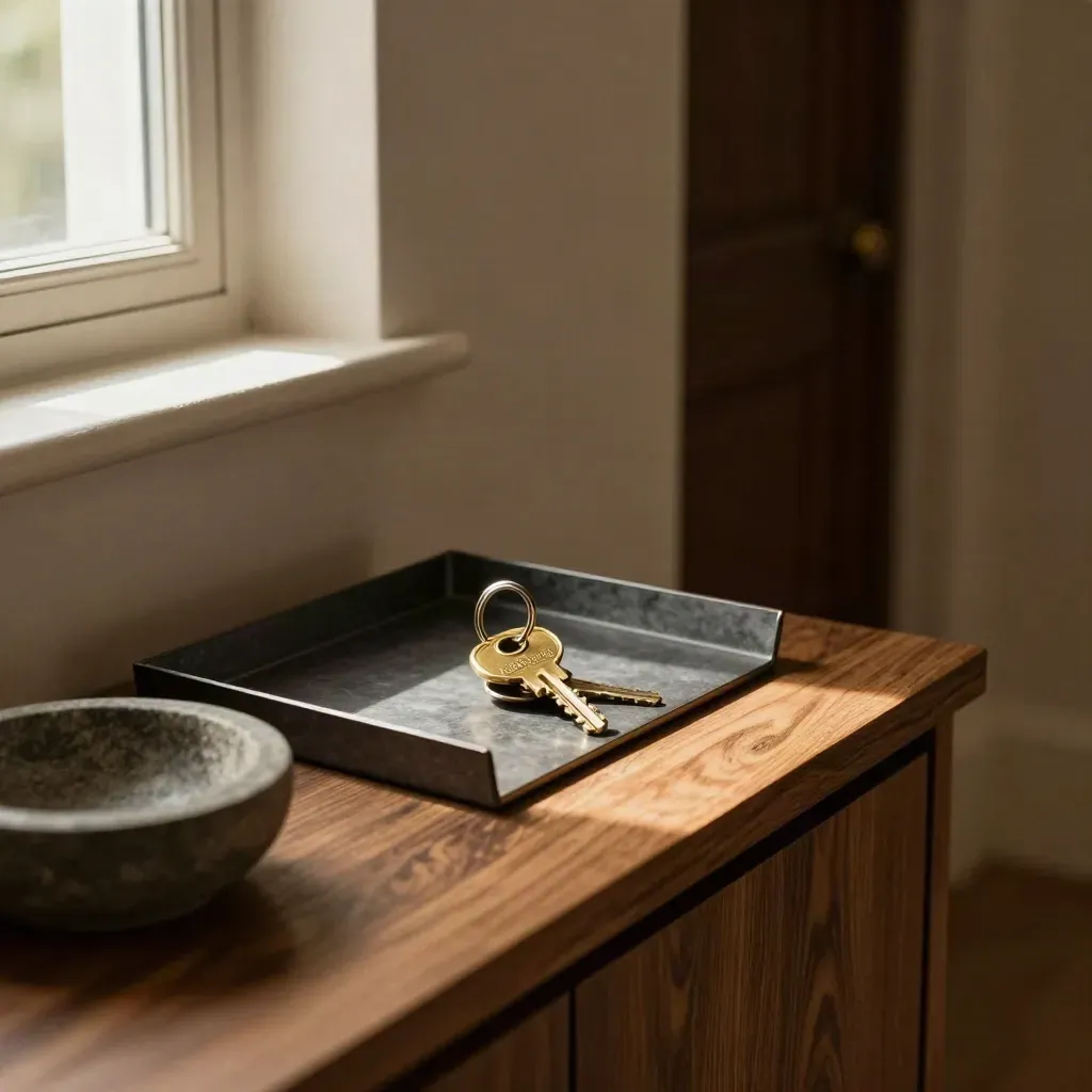 Moody foyer console with brass key ring and closed file tray in warm window light.