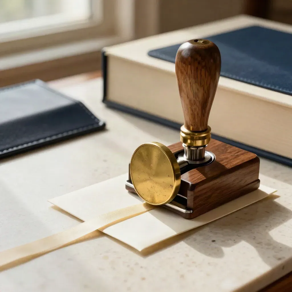 Brass embosser, ribboned packet, and file box on a deed desk in soft macro light.