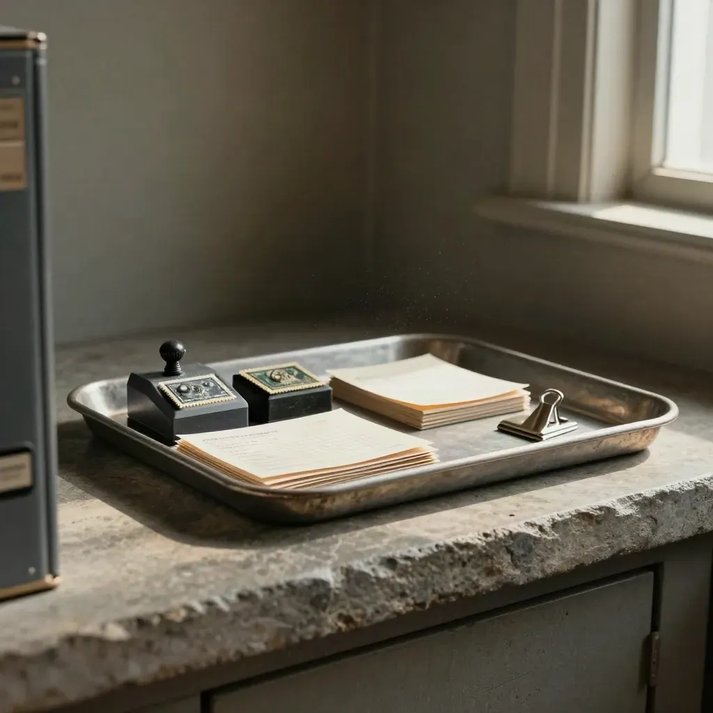 County tray with archive stamp, index cards, and metal clip on a stone shelf.