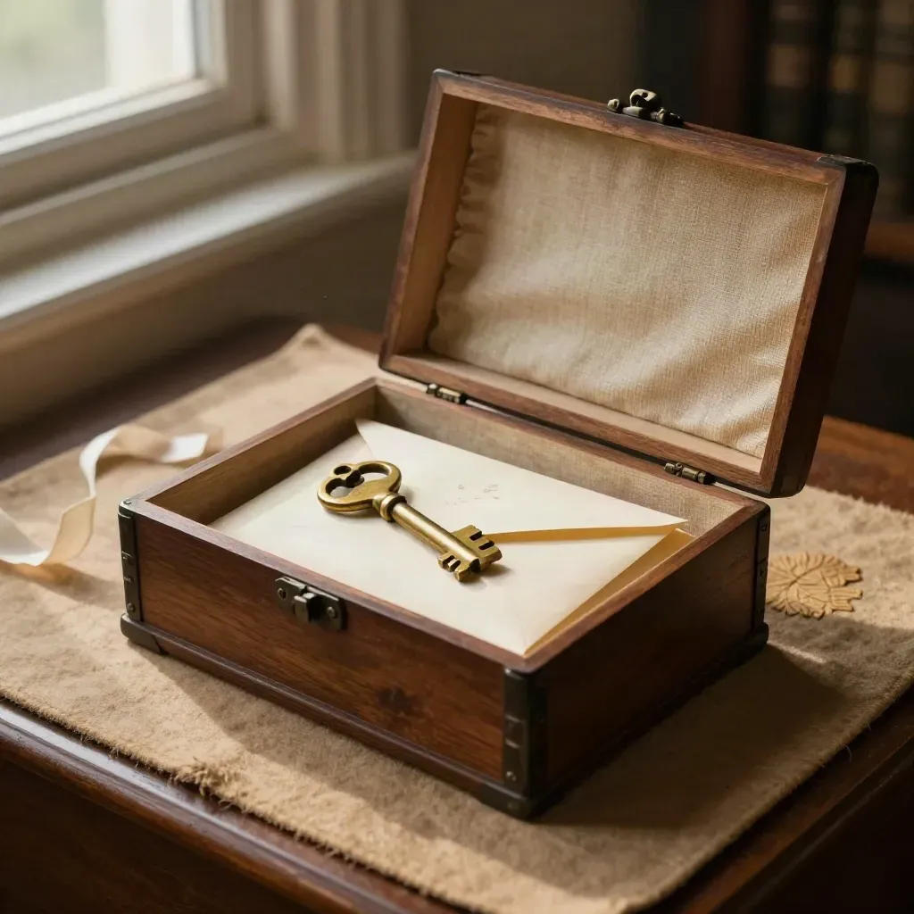 Open heirloom deed box with brass key, ribboned envelope and leaf token on khaki felt