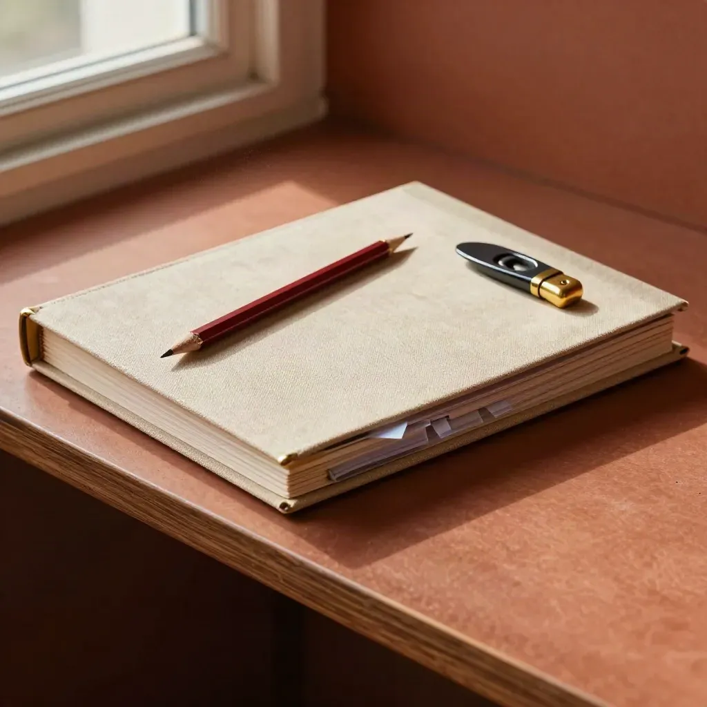 Binder, red pencil, dividers, and letter opener on an archive shelf