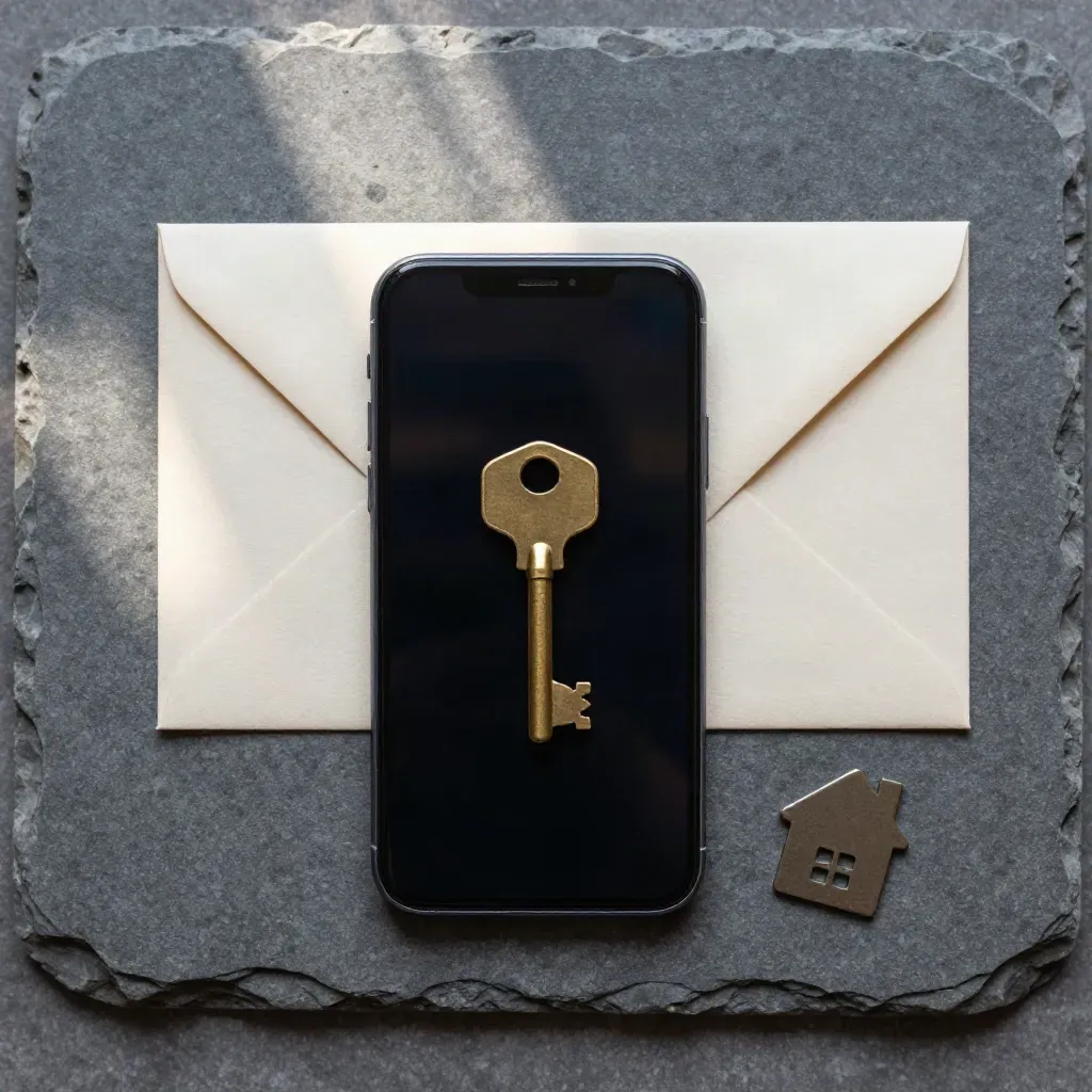 Overhead flatlay of a phone, key, envelope, and house token on stone