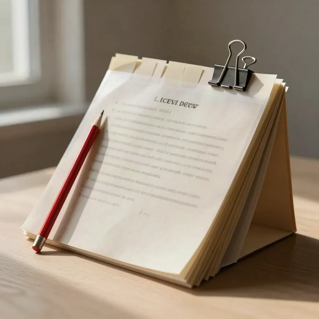 Red pencil, proof sleeve, tabs, and binder clip on pale wood in soft side light.