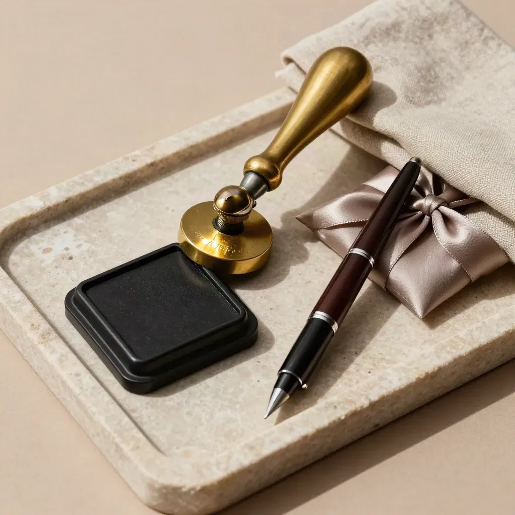 Overhead still life of a notary embosser, ink pad, pen and ribbon-sealed packet on stone