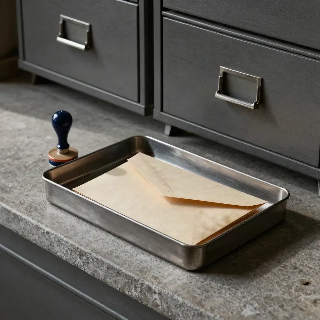 Metal in-tray with manila envelope, date stamp, and archive drawer on a stone shelf.